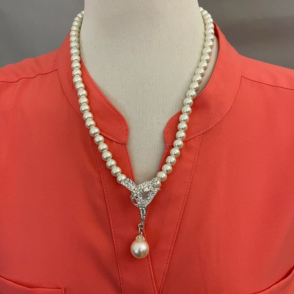 Faux Pearl White Beads Silver-tone Chain Women's Fashion Necklace